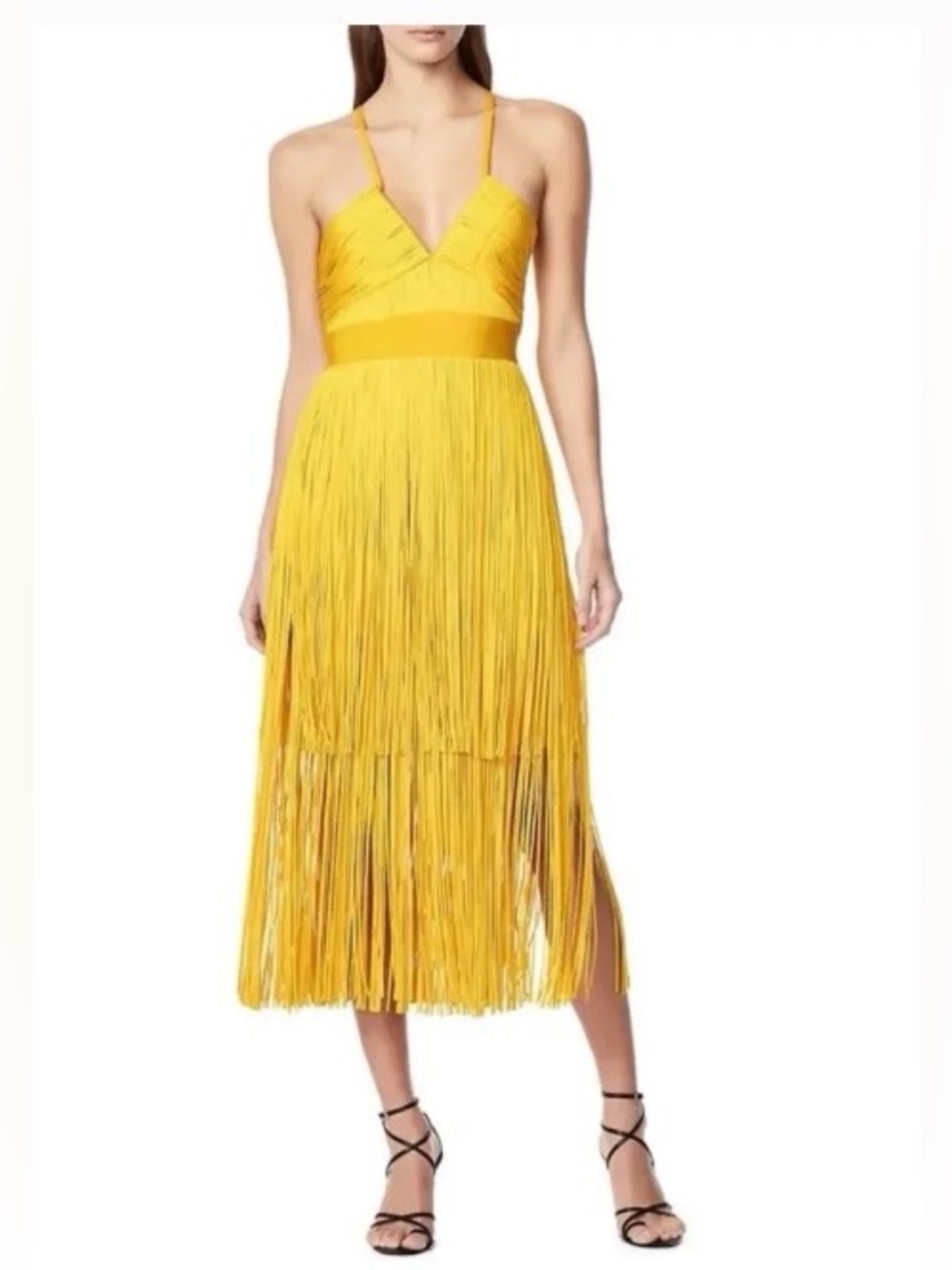 HERVE LEGER Fringed Bandage Midi dress Golden NWT